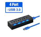 USB 3.0 Hub 4 Port Adapter mit LED-Anzeige Unabhängiger Schalter für PC Laptop