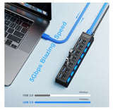 USB 3.0 Hub 7 Port Adapter mit LED-Anzeige Unabhängiger Schalter für PC Laptop