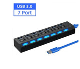 USB 3.0 Hub 7 Port Adapter mit LED-Anzeige Unabhängiger Schalter für PC Laptop