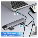 8 in 1 USB C Hub Adapter HDMI 4K USB 3.0 Micro SD Netzwerk für Mac HDTV Notebook